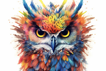 Aufkleber - An image portrays a watercolor geometric style rendering of a curious owl, with its intricate feathers depicted using geometric patterns and delicate watercolor washes, Generative AI technology.
