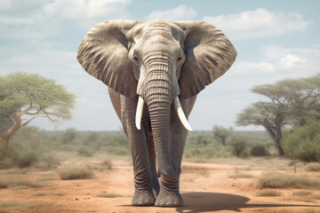 Poster -  A captivating image of an elephant, highlighting its massive size, wrinkled skin, and impressive tusks. Generative AI technology.