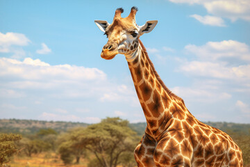 Poster -  A tall and elegant giraffe captured in a photograph, showcasing its long neck and distinctive spotted coat.  Generative AI technology.