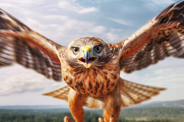 Poster - A breathtaking image of a hawk in flight, capturing its sharp talons and focused gaze.  Generative AI technology.