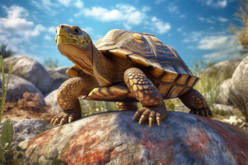 Aufkleber - A charming image of a turtle resting on a rock, showcasing its hard shell and wise, ancient appearance. Generative AI technology.