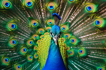 Leinwandbilder -  A stunning image of a peacock with its magnificent, iridescent tail feathers fully spread.  Generative AI technology.