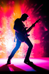 Poster - A silhouette of a guitarist on stage, captured in mid-performance, illustrating the power and emotion conveyed through music.  Generative AI technology.