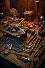 Aufkleber - A collection of hand-forged tools such as hammers, tongs, and chisels, highlighting the importance of quality tools in the blacksmithing trade.  Generative AI technology.