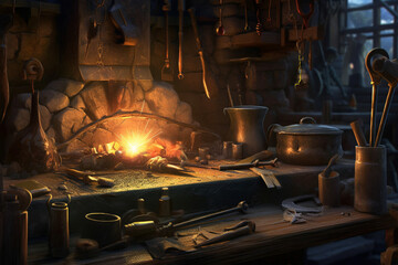 Aufkleber -  A blacksmith crafting a traditional fireplace tool set, featuring a poker, shovel, and tongs, embodying the functional yet decorative aspects of blacksmithing.  Generative AI technology.