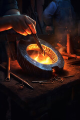 Poster -  A blacksmith shaping a metal horseshoe with precision, symbolizing the importance of proper fitting and craftsmanship in equine care.  Generative AI technology.