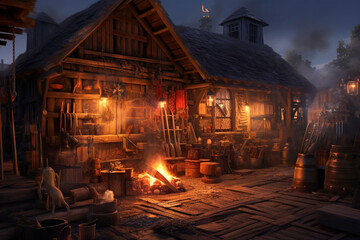 Poster -  An image of a blacksmith's workshop at dusk, with glowing embers and the warm glow of fire, creating a visually striking ambiance.  Generative AI technology.
