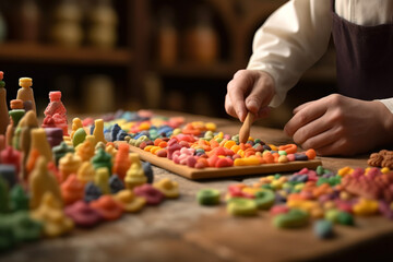 Aufkleber - An image of a confectioner molding and shaping marzipan into whimsical shapes and figures, showcasing the creativity and craftsmanship involved.  Generative AI technology.
