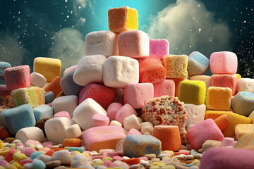 Fototapete -  An assortment of artisanal marshmallows in various flavors and shapes, highlighting the confectioner's ability to create unique and gourmet treats.  Generative AI technology.