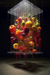 Aufkleber -  An abstract installation artwork that uses suspended or floating fruit-like objects, combining materials like wire, fabric,  Generative AI technology.