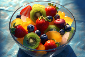Aufkleber -  An image of a bowl filled with colorful, sliced fruits, including strawberries, kiwis, oranges, and blueberries, representing a balanced and nutritious snack. Generative AI technology.