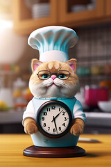 Poster -  A cat baker-themed kitchen timer in the shape of a cat wearing a chef's hat.  Generative AI technology.