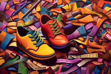Poster -  An abstract shoemaker-themed textile print, showcasing patterns inspired by shoe designs, stitching, and shoemaker's tools, ideal for home decor or fashion. Generative AI technology.