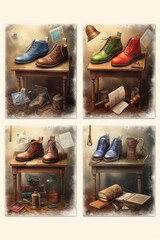 Poster -  A set of shoemaker-themed greeting cards with illustrations of shoemaking processes and heartfelt messages, perfect for shoe enthusiasts or professionals.  Generative AI technology.