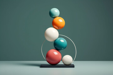Poster -  A minimalist geometric sculpture consisting of interlocking spheres, representing harmony and unity in its precise and balanced composition. Generative AI technology.