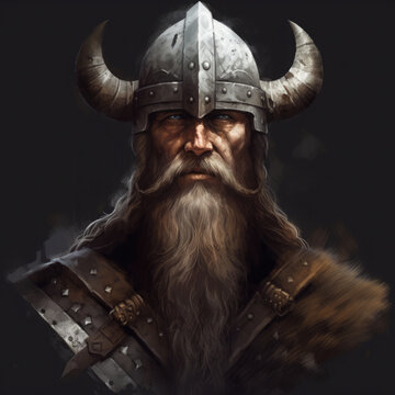 A Viking wearing a helmet with horns. Medieval berserker warrior with beard and mustache. Digital art style. Generative ai.
