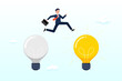 Smart businessman jump from old to new shiny light bulb idea, business transformation, change management or transition to better innovative company, improvement and adaptation to new normal (Vector)
