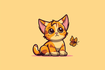 Wall Mural - Cute Cartoon Kitten with Butterfly Isolated on Yellow Background.