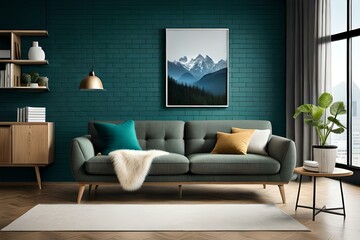 Wall Mural - 3D Mockup canvas frame in dark green home interior with sofa, fur, table and branch in vase , created with AI