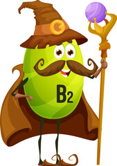 Wall Mural - Cartoon vitamin B2 wizard character Vector funny riboflavin capsule sorcerer personage holding magical staff. Isolated positive nutrient pill wearing long witch cloak and pointed hat with buckle