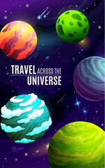 Poster - Cartoon space poster with galaxy planets and stars, vector fantasy cosmic background. Alien galaxy or fantastic outer space with planets in starry sky, cosmic satellites and asteroids with meteorites