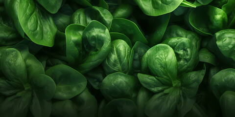 Spinach leaves vegetable blurred copy space background, AI generated