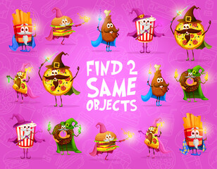 Poster - Find two same cartoon takeaway fast food mage and wizard characters. Kids game vector worksheet with french fries, burger, chicken leg and donut, pizza or pop corn sorcerer personage pairs riddle