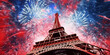 French National Day, Eiffel Tower and fireworks in the colors of the French flag, Bastille Day and 14 July concept