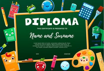 Aufkleber - Kids diploma with cartoon school supply characters, vector certificate award template. School or kindergarten workshop certificate diploma with funny book or copybook, calculator and eraser or pencil