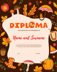 Wall Mural - Kids diploma with cartoon autumn and Thanksgiving food, plants and leaves, vector certificate template. School or kindergarten award certificate diploma with Thanksgiving pumpkin, apple pie and acorns