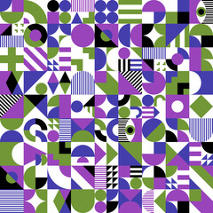 Poster - Bauhaus elements seamless pattern. Fabric geometric print, textile or wallpaper abstract background, wrapping paper backdrop with Bauhaus pattern shapes, retro artwork pastel color seamless ornament
