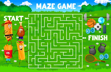 Aufkleber - Labyrinth maze game. Help to cartoon fast food characters to find sport equipment on meadow. Kids labyrinth vector worksheet with hotdog, fries, burrito and chicken leg funny personages doing sports