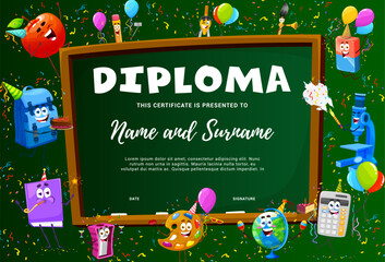 Aufkleber - School kids diploma, cartoon supplies characters on holidays, vector education certificate. Funny school book and pencil with eraser on birthday party celebration for kindergarten certificate diploma
