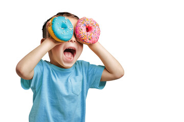 Happy cute boy is having fun played with donuts on png background. Bright photo of a child.