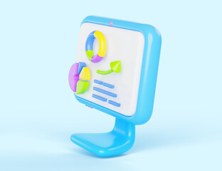 Poster - computer monitor icon with pie charts and growth graphs side view. cartoon 3d render circle infograp