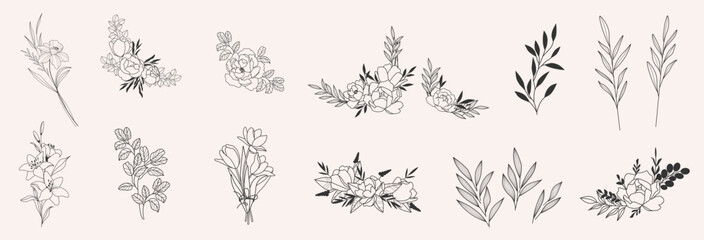 Wall Mural - Hand drawn branches with leaves and flowers vector icon