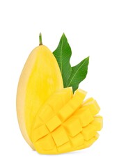 Wall Mural - Mango isolated. Fresh organic mango with leaves on white background. Mango with clipping path