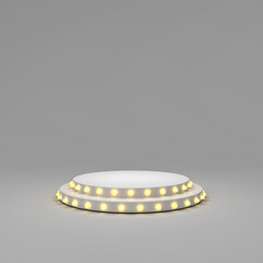 Aufkleber - Blank product display podium pedestal or stage platform with yellow glowing retro neon light bulbs isolated on dark white grey background with shadow minimal conceptual 3D rendering