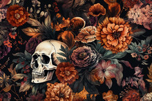 Stunning Halloween Floral Decoupage Pattern With Skulls, Generative AI