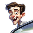  a happy man with his head out of a car window in a caricature style