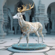 A Ceramic Sculpture Of A Deer In Gold With Waters On It