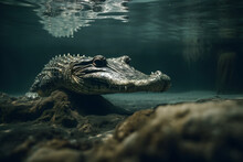 Saltwater Crocodile In The Sea. Generative AI