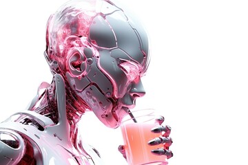 Robot holding a glass of cocktail to drink. Artificial intelligence concept. Background in technology style. Generative AI. Illustration for for banner, poster, cover, brochure or presentation.