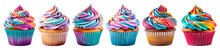 Colorful Cupcakes With Rainbow Frosting Isolated On Transparent Background - Generative AI