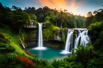 Wall Mural - waterfall in the forest, blue waterfall flow under