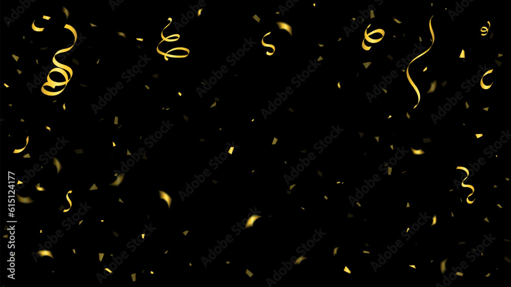 Golden Tiny Confetti And Streamer Ribbons Falling On Black Background ...