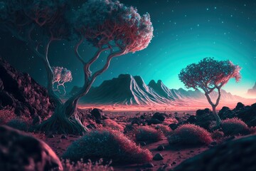 Wall Mural - Fluffy glowing alien trees on the surface of a planet ,made with Generative AI