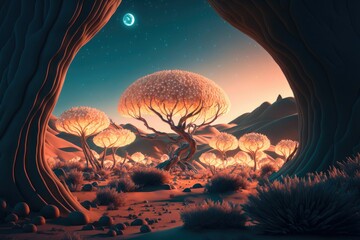 Wall Mural - Fluffy glowing alien trees on the surface of a planet ,made with Generative AI