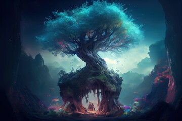 Wall Mural - Alien landscape with tree of life, night sky background ,made with Generative AI
