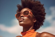 Portrait Of Afro American Woman With Sunglasses At Summer Enjoy Vacation. Generative Ai Image